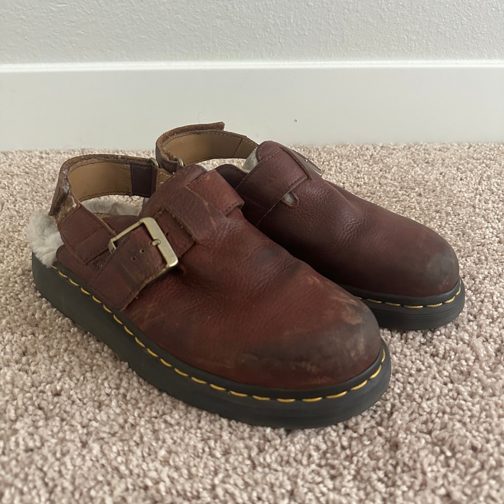 Dr. Martens Jorge II FL Clogs Womens 7 Mens 6 Brown Leather Faux Fur Slingback